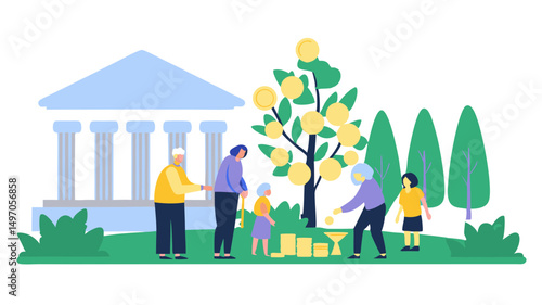 Illustration showing family members collecting coins from a money tree near a bank building outside