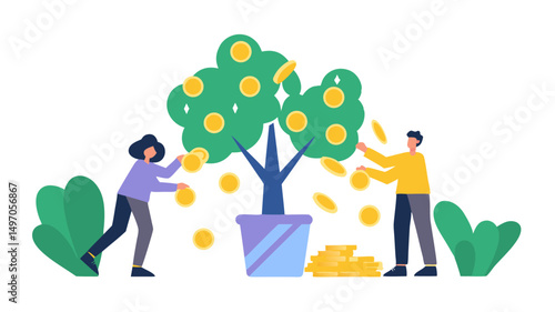People harvesting coins from a money tree in a pot with green bushes on a white background illustration
