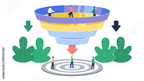 Funnel illustration showing people inside a layered structure with arrows and target below it all around