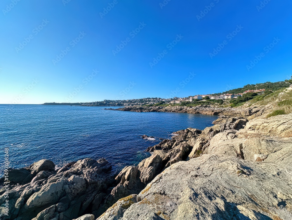 Stunning view of the rocky coast of Plougastel showcasing large rocks a serene sea with gentle waves and charming houses on an island under a bright blue sky Stunning view of the rocky coast of Plougastel showcasing large rocks a serene sea with gentle waves and charming houses on an island under a bright blue sky