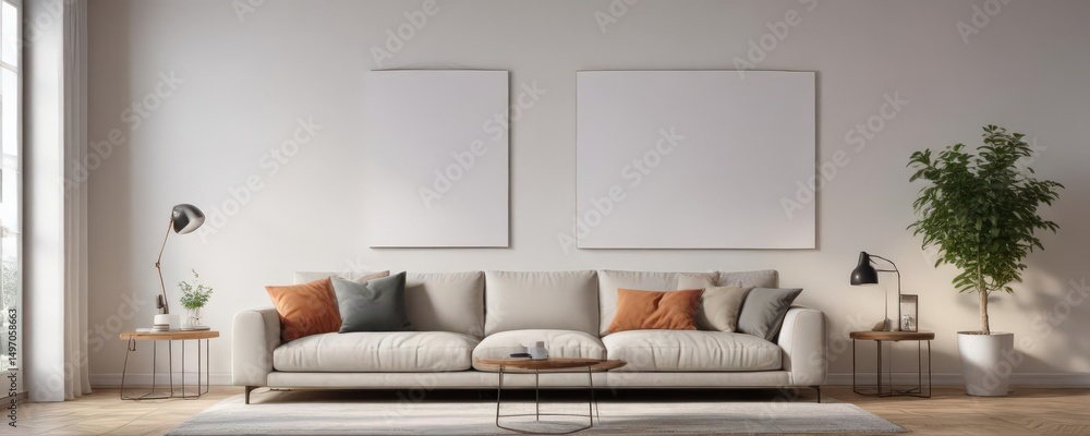 Obraz premium Modern living room, white wall, poster mockup on wooden clips , photography, template