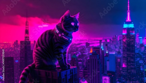 A futuristic cat atop a skyscraper in a vibrant neon cityscape.