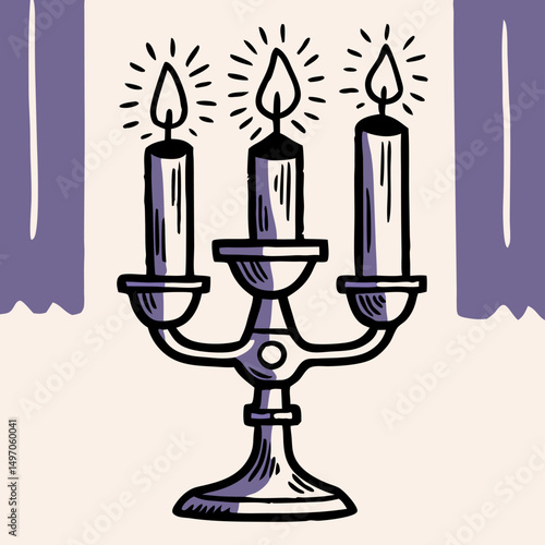 Three-Candle Candelabra Illustration, Vintage Style