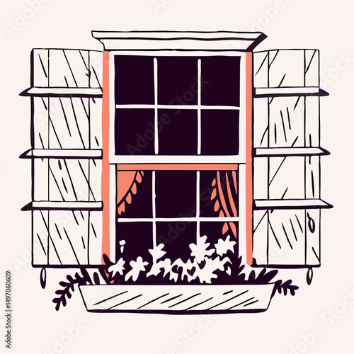 Hand-drawn Window with Shutters, Flowers, and Curtains