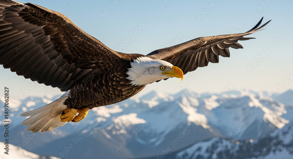 Naklejka premium A close-up of a bald eagle soaring high above snowy mountain peaks