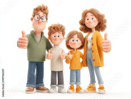 Happy animated family posing together with thumbs up gesture