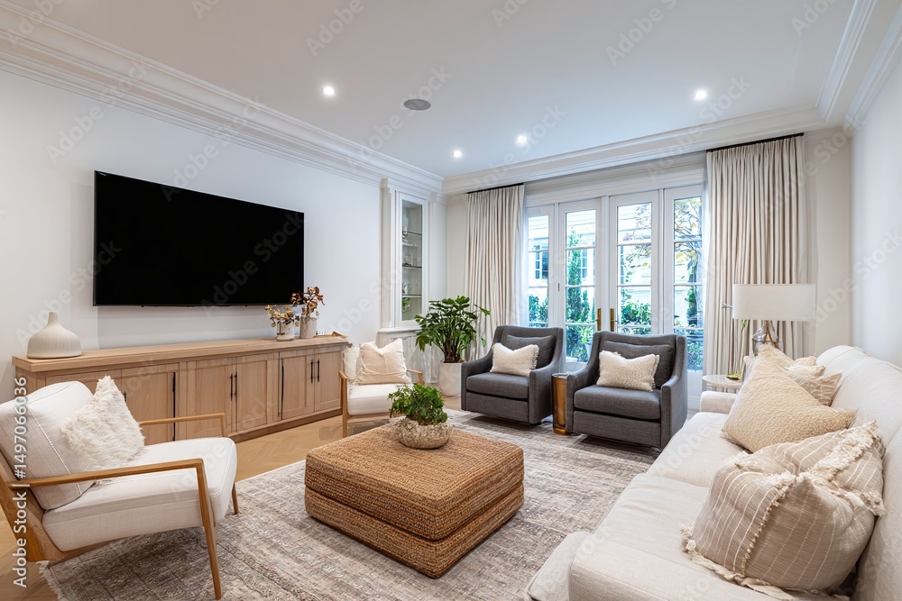 Fototapeta premium Modern living room featuring a cozy sofa, stylish armchairs, and a large TV, with natural light streaming in