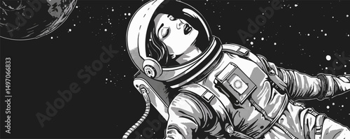 an women astronaut in a suit flies in outer space. Black and white picture