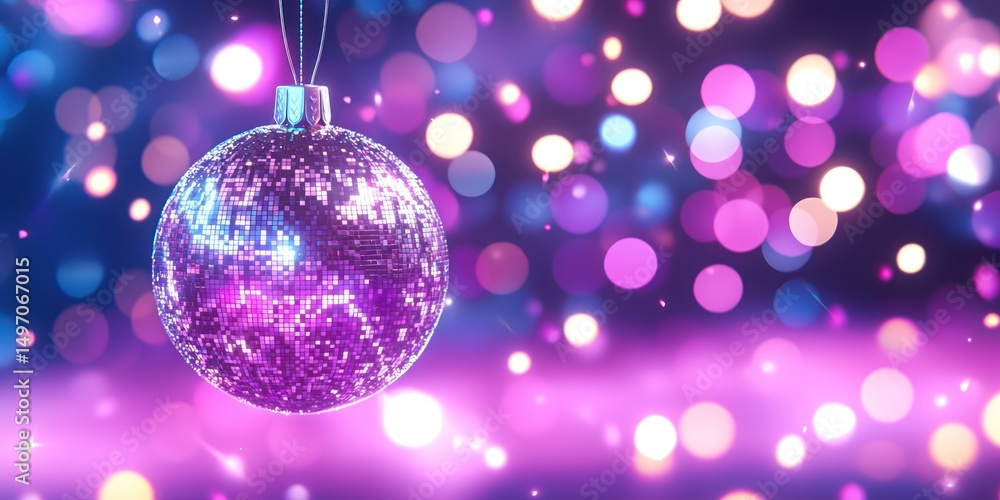Fototapeta premium Purple Disco Ball Ornament Against Festive Lights