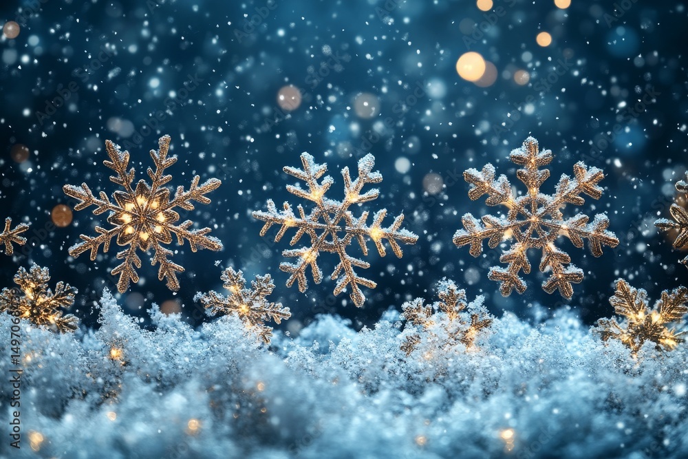 Illuminated snowflakes in snowy scene, winter holiday background Illuminated snowflakes in snowy scene, winter holiday background