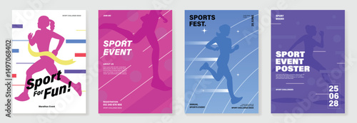 Fun run poster design background vector set. Running sport cover template with vibrant abstract gradient geometric shape and people running. Ideal design for social media, flyer, promotion, card.