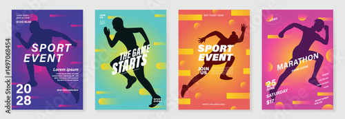 Fun run poster design background vector set. Running sport cover template with vibrant abstract gradient geometric shape and people running. Ideal design for social media, flyer, promotion, card.