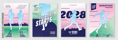 Fun run poster design background vector set. Running sport cover template with vibrant abstract gradient geometric shape and people running. Ideal design for social media, flyer, promotion, card.