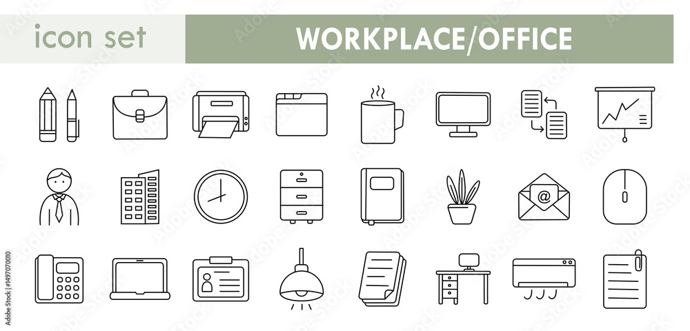 Set of icons workplace, office, linear. Vector. Set of icons workplace, office, linear. Vector.