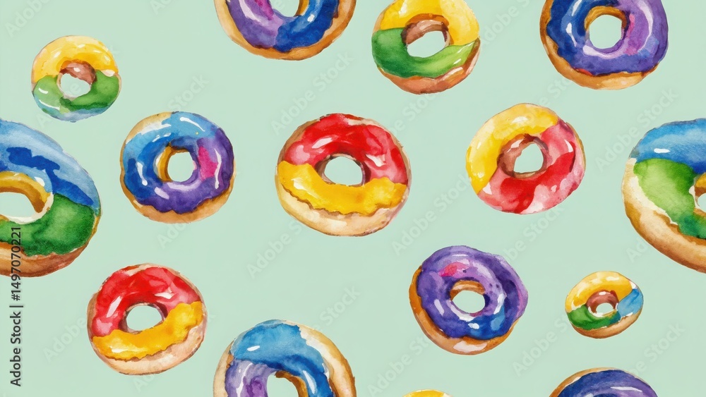 Watercolor seamless pattern with rainbow donuts Watercolor seamless pattern with rainbow donuts