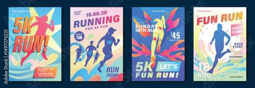 Fun run poster design background vector set. Running sport cover template with vibrant abstract gradient geometric shape and people running. Ideal design for social media, flyer, promotion, card.