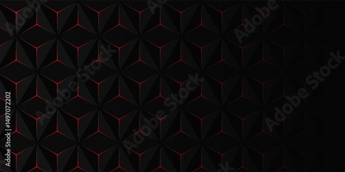 Dark gray and red horizontal hexagonal technology abstract vector background. red bright energy flashes under hexagon in futuristic modern technology wide banner. Dark gray honeycomb texture grid.