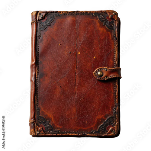 the image displays a rectangular object with a distressed, brown covering. elaborate metal corner decorations frame the cover, with additional metal accents along the edges