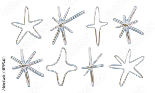 Chrome Wireframe Starburst Outline Shape. A complete collection of 8 chrome wireframe shapes featuring starbursts outlines radiant spikes and curved structures. Perfect for futuristic layout assets