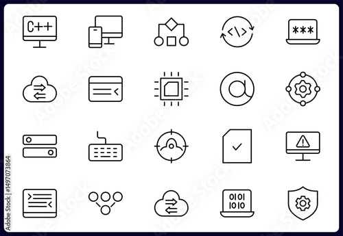 Programming and coding icon set. Contains such Icons as code, api, programmer, developer, information technology, coder and more. Vector illustration