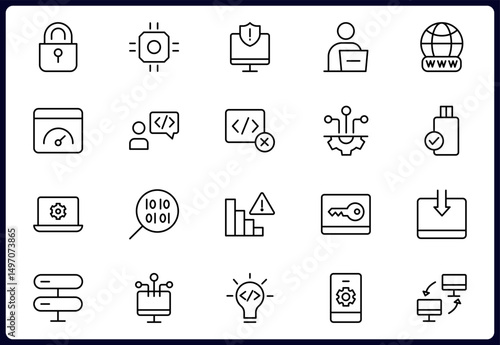 Programming and coding icon set. Contains such Icons as code, api, programmer, developer, information technology, coder and more. Vector illustration