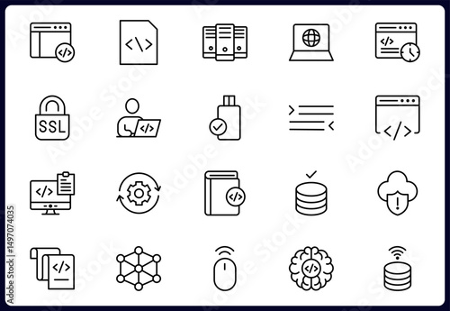 Programming and coding icon set. Contains such Icons as code, api, programmer, developer, information technology, coder and more. Vector illustration