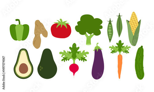 Vegetable food vektor icon set: broccoli, corn, peas, radish, eggplant, carrot, cucumber, tomato, paprika, ginger, avocado