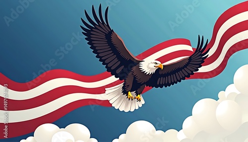 Soaring Freedom: A majestic bald eagle soars against a sky of patriotic pride with waving Stripes, capturing the spirit of independence in a symbol of strength and freedom.