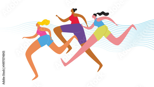 Abstract women runners figures. Vector illustration of group of women, running marathon.