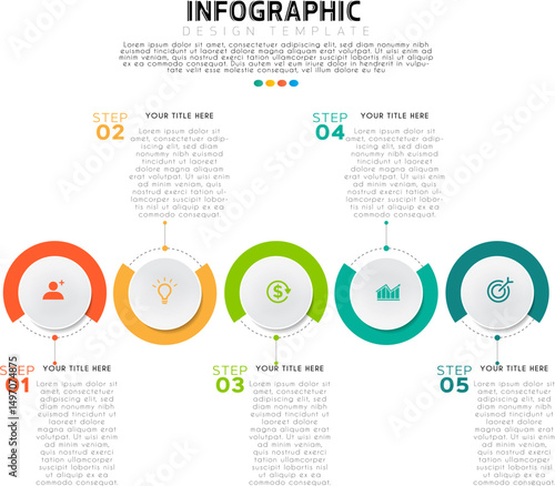 5-Step Infographic Template with Colorful Circular Sections, 3D Design, Business Icons, Workflow Visualization, Strategy Guide, Clean Layout, Presentation, Process Diagram, Marketing
