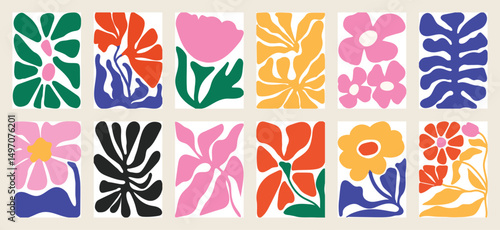 Botanical doodle background art vector set. Flower and leaves abstract shape doodle art design for print, wallpaper, clipart, wall art for home decoration.