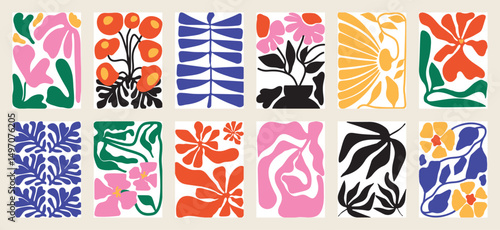 Botanical doodle background art vector set. Flower and leaves abstract shape doodle art design for print, wallpaper, clipart, wall art for home decoration.