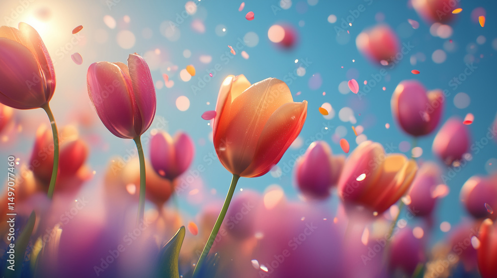 Field tulips in warm sunlight against a blue sky, petals blown away by a gentle breeze. Field tulips in warm sunlight against a blue sky, petals blown away by a gentle breeze.