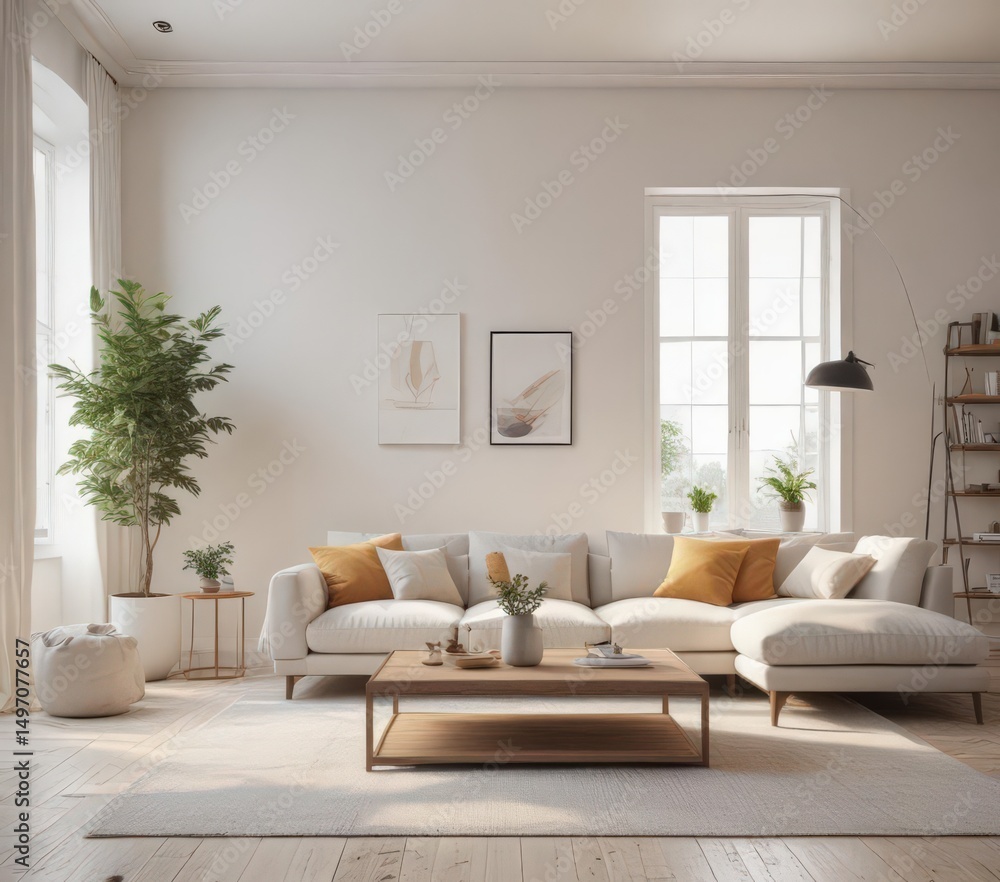 Bright, airy living room with minimalist furniture and d?cor , luxury, side table Bright, airy living room with minimalist furniture and d?cor , luxury, side table