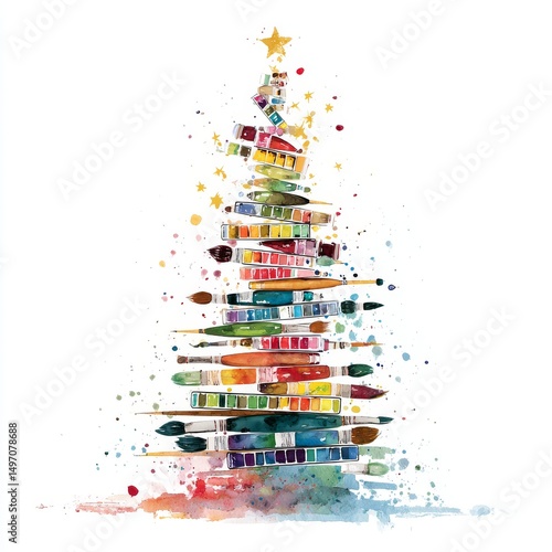 Creative Christmas tree made from art materials showcasing colors and textures in a festive arrangement