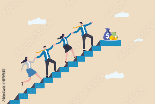 Team support help success, teamwork to progress and success together, company growth step or employee development, team achievement concept, business people team up holding hand help climb up stair.