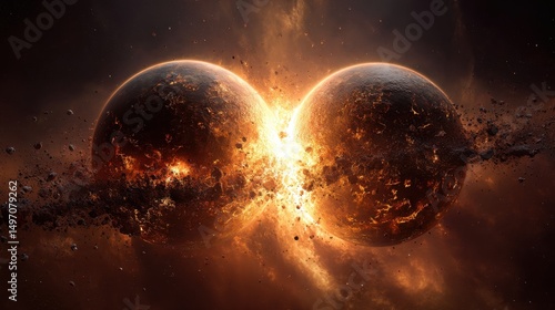 Fototapeta Naklejka Na Ścianę i Meble -  Two planets colliding creating fire and destruction in space.