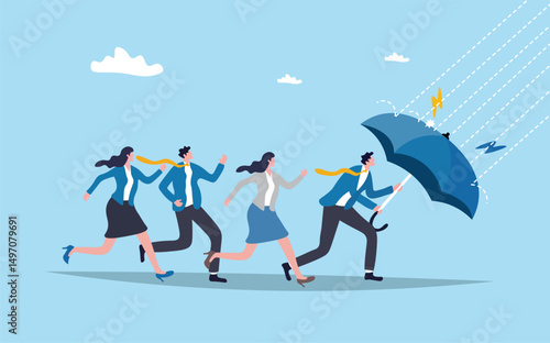 Protective leader, courage or leadership to protect team colleagues, aspiration or support for employee to solve problem and get through crisis, adversity, risk or organization thunderstorm problem