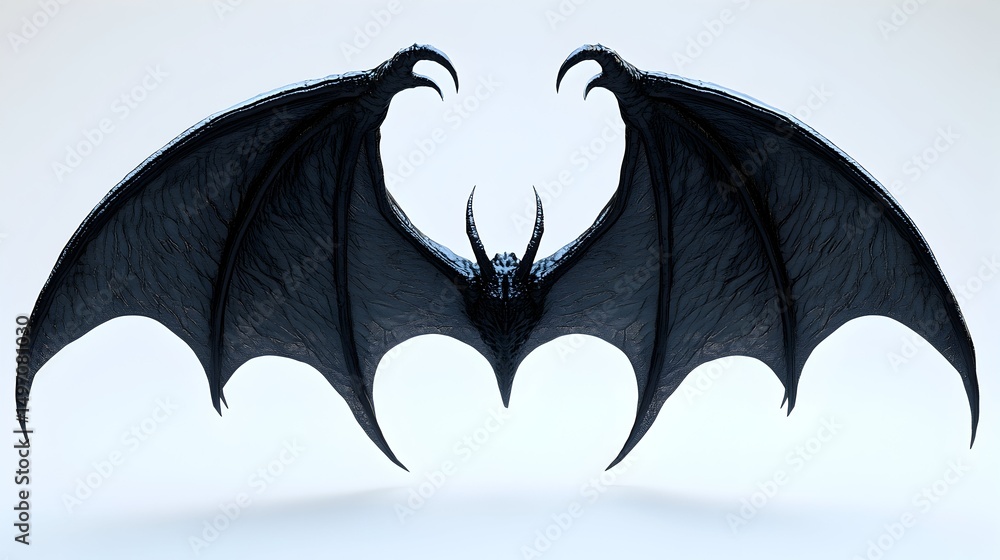 Fototapeta premium A demonic, bat-like creature with large, textured wings outstretched, viewed from below against a white background. Its claws are prominent