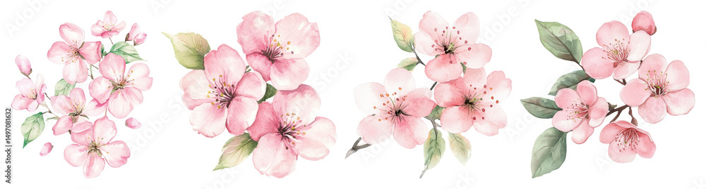 PNG Delicate watercolor pink blossoms, element set on transparent background PNG Delicate watercolor pink blossoms, element set on transparent background