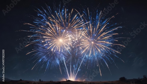 Blue firework bursts, vibrant details, night sky ,  design,  magical,  element