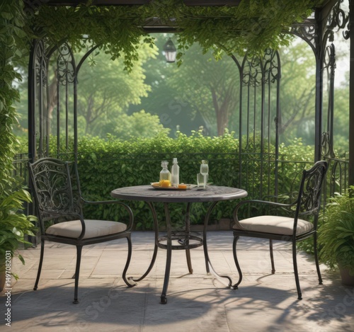 Wrought iron patio set, lush greenery backdrop,  beauty,  relaxation