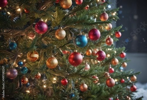 Decorated Christmas tree with vibrant baubles, soft twinkling lights, snowy scene ,  ornaments,  christmas lights