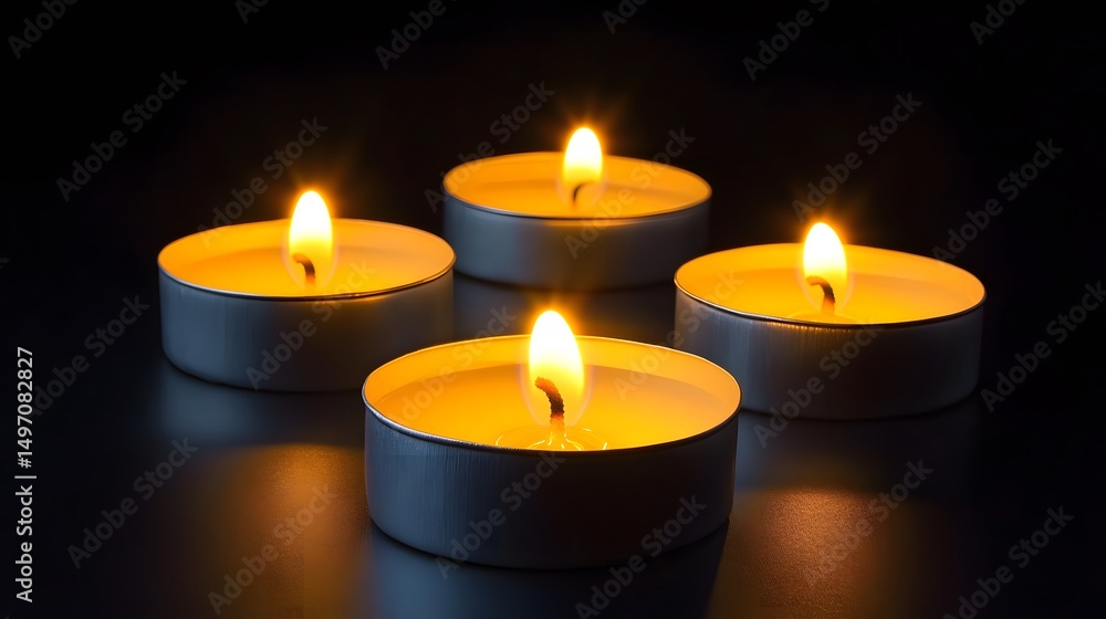Four Burning Tealight Candles Dark Background Romantic Atmosphere Four Burning Tealight Candles Dark Background Romantic Atmosphere