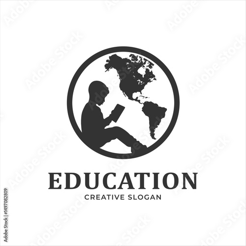 little boy reading book and earth silhouette logo, perfect for education logo design