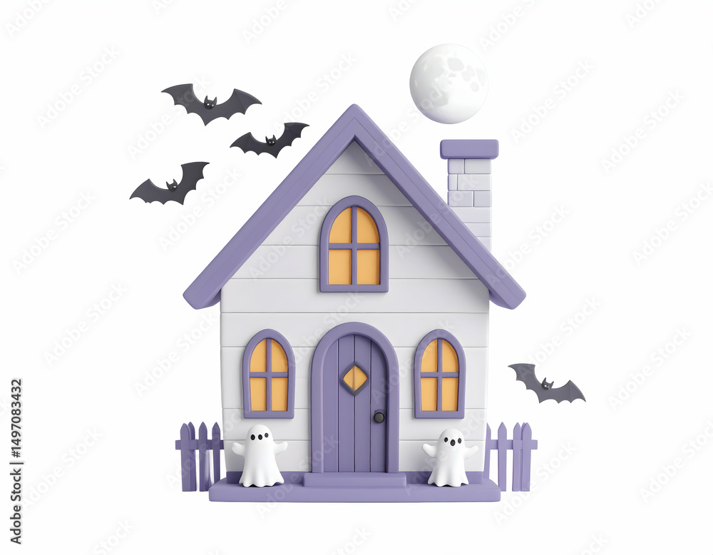 Naklejka premium Spooky House: A quaint, pastel-colored haunted house scene, adorned with spooky Halloween elements such as bats, ghosts, and a glowing moon, perfectly embodying the eerie spirit of the holiday. 