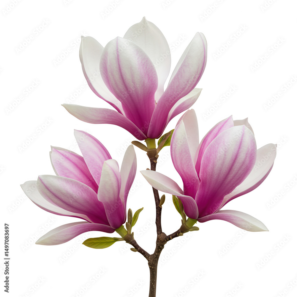 Naklejka premium Three pink magnolia blossoms on branch isolated on transparent background