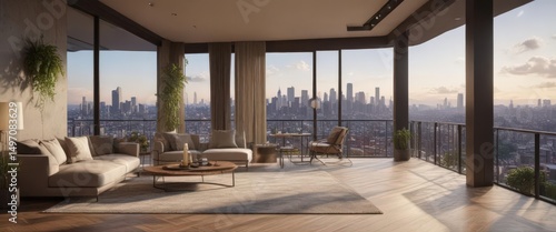 Expansive living space with balcony access, cityscape backdrop, designer decor,  modern apartment,  urban