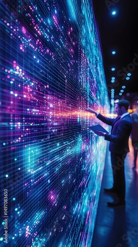 A businessman interacts with a large, vibrant digital display wall showing streams of data in blue and purple hues, possibly a server room or data center