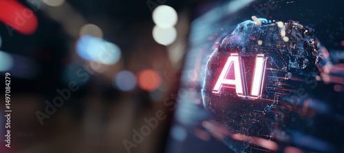 Glowing AI Text on Digital Global Network Sphere -Large Language Model, LLM, Digital Future, Machine Learning, Neural Networks, Deep Learning Algorithms, Reinforcement Learning. Panoramic Background